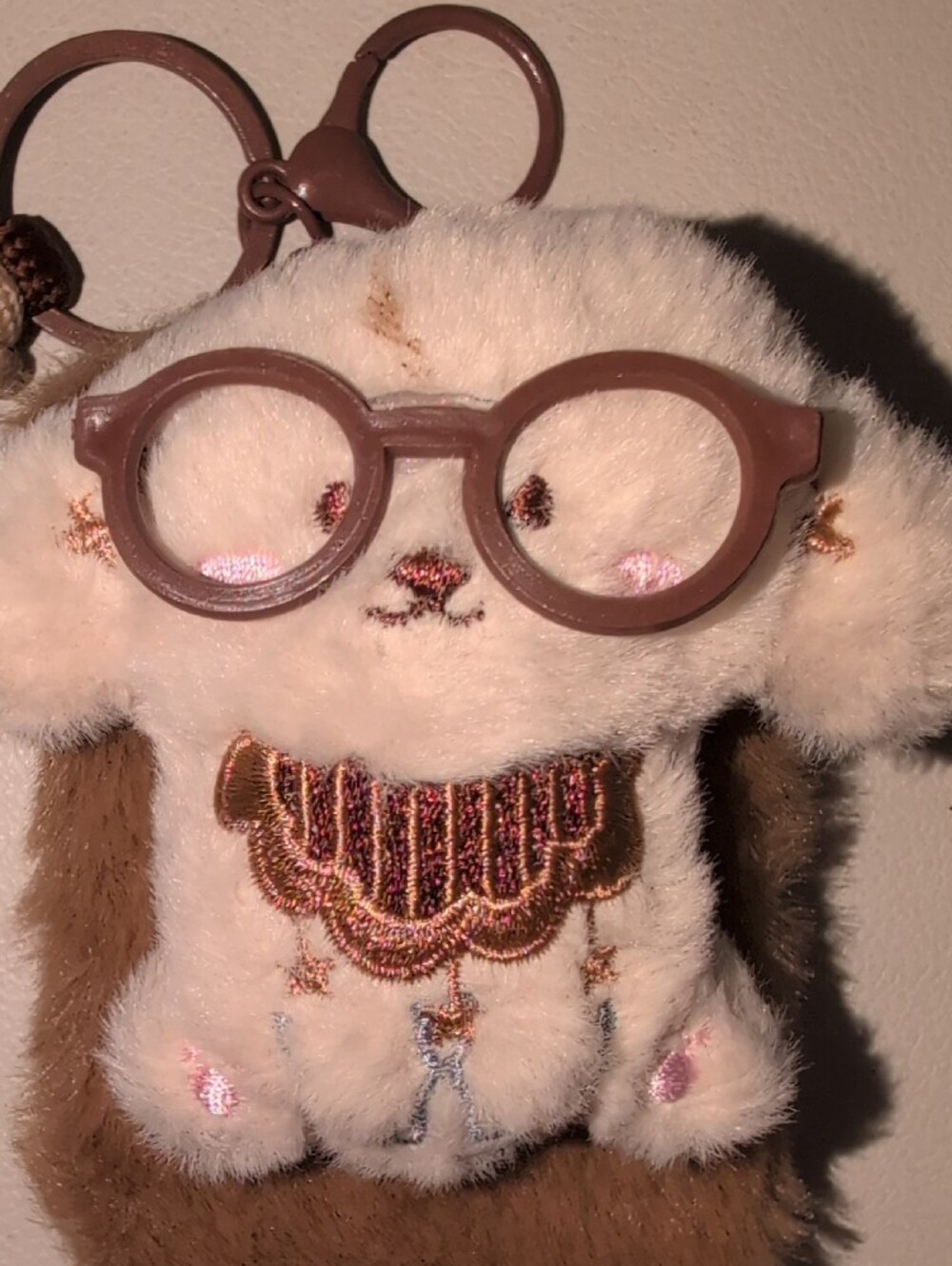 Plush Dog With Glasses  Keychain Bag Charm Mirror - Cream & Brown - Picture 2 of 8